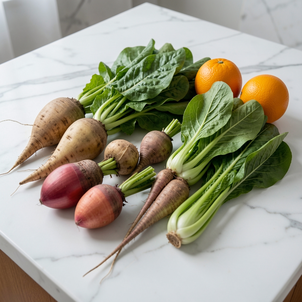 Seasonal vegetables including leafy greens, root vegetables, and citrus fruit arranged on a white-marble preparation surface for a meal composition review session