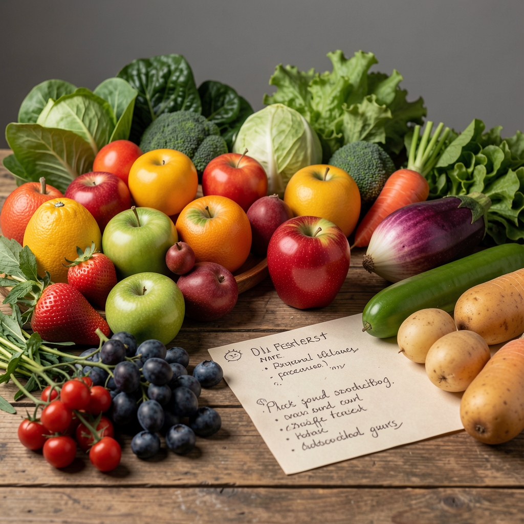 Fresh seasonal fruits and vegetables displayed on a rustic wooden table with handwritten composition notes alongside, lit by soft diffused studio light